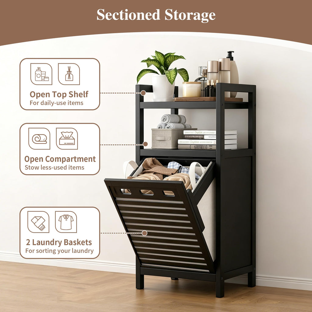 Tilt Out Laundry Hamper, Bamboo Laundry Storage Cabinet with Shelf, 10 Gal Hidden Laundry Basket Organizer, Laundry
