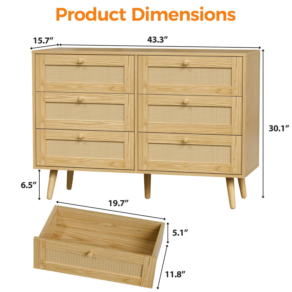 6 Drawer Dresser, Rattan Chest of Drawers, Oak