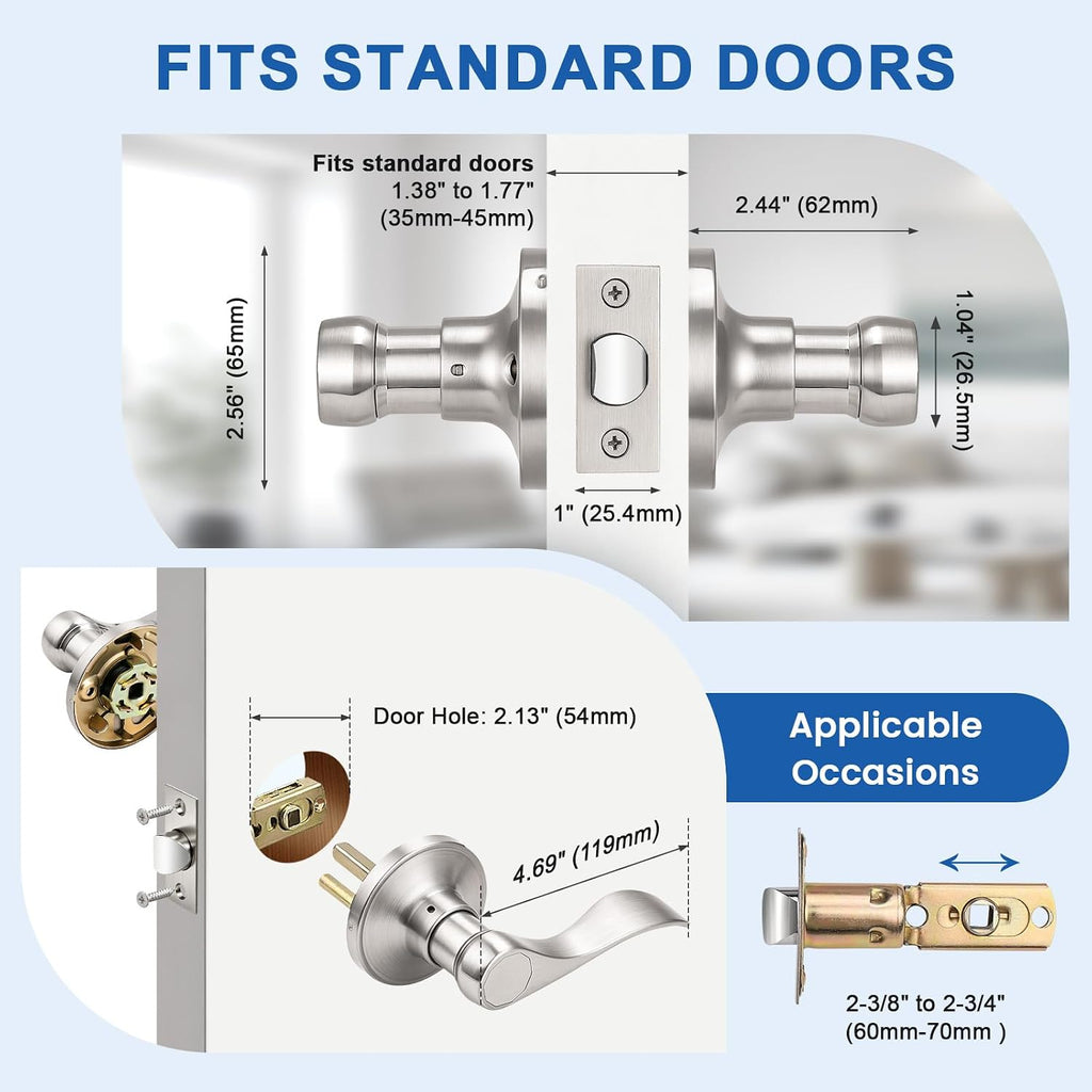 1 Pack Passage Door Handles Interior, Closet Door Knobs Brushed Nickel Finish, Keyless Door Levers