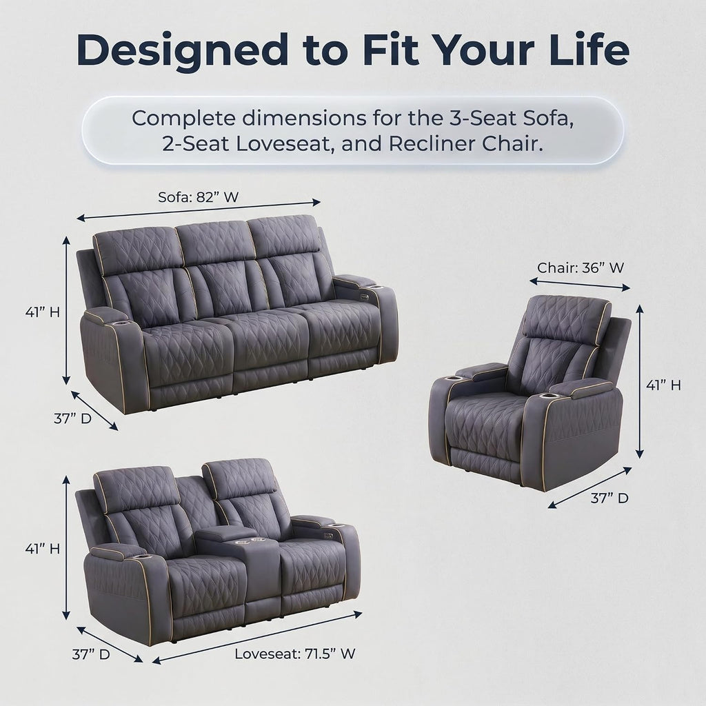 2 Piece Recliner Loveseat Set, Power Reclining Leather Couch with LED Lights, USB Charging, Cup Holders & Storage