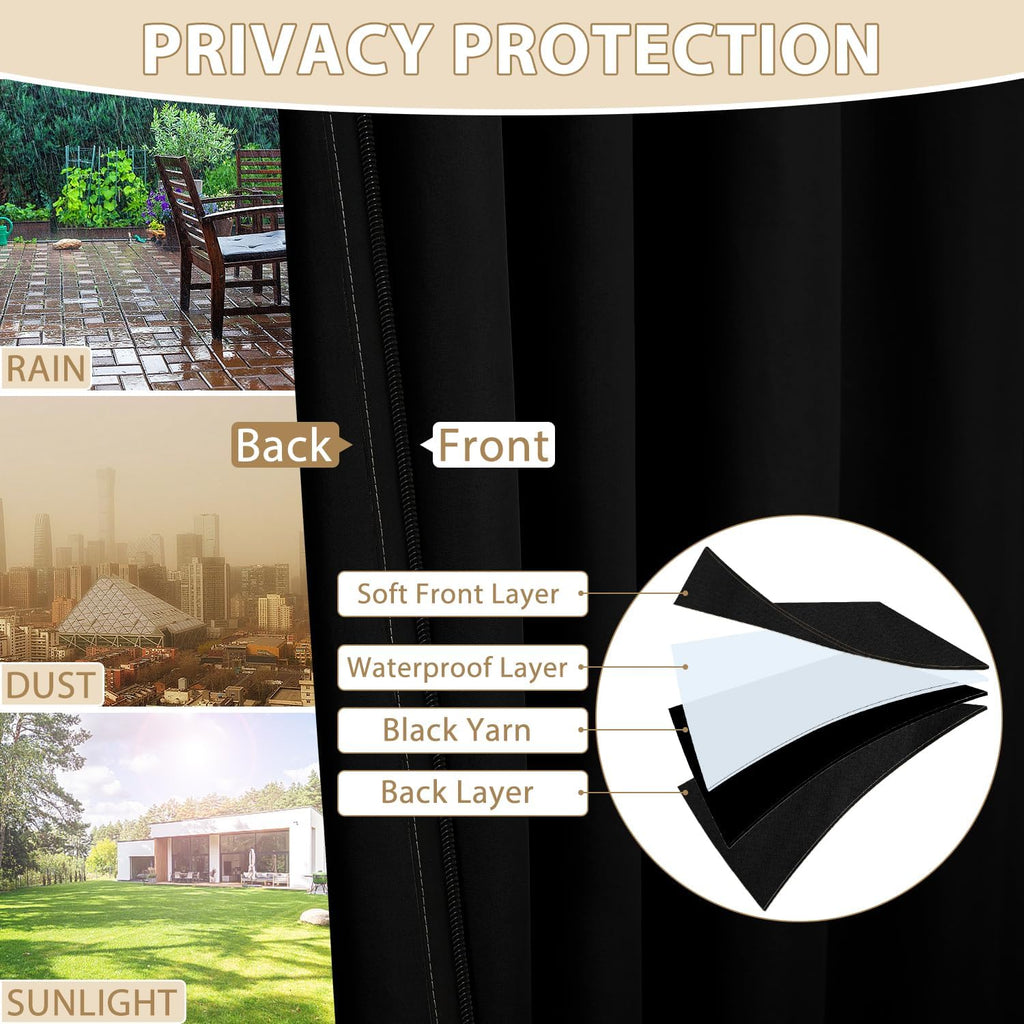 Waterproof Outdoor Curtains with Zipper Top & Bottom Grommet Thermal Privacy Drapes 2 Panels Gazebo Outside Blackout