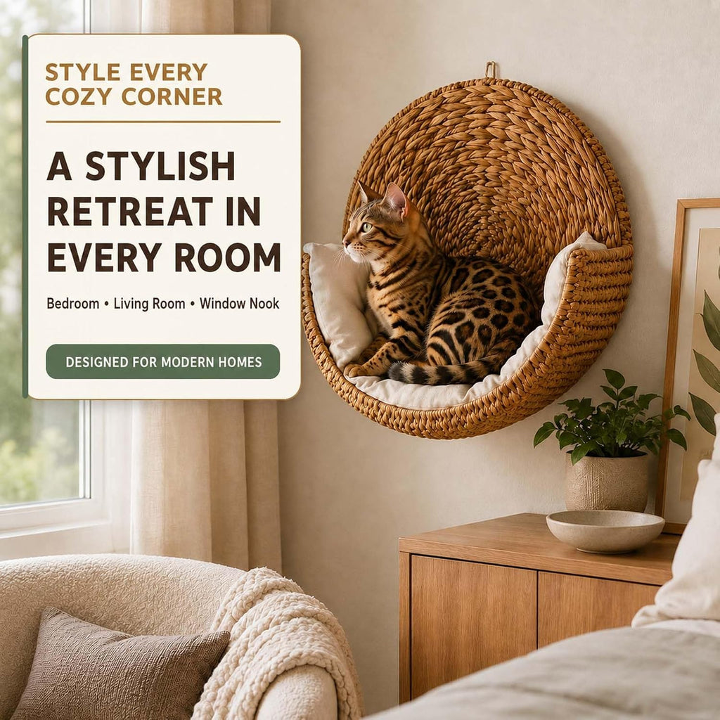 Handwoven Hanging Cat Bed, Space-Saving Wall Mount for Indoor Cats, 1pc