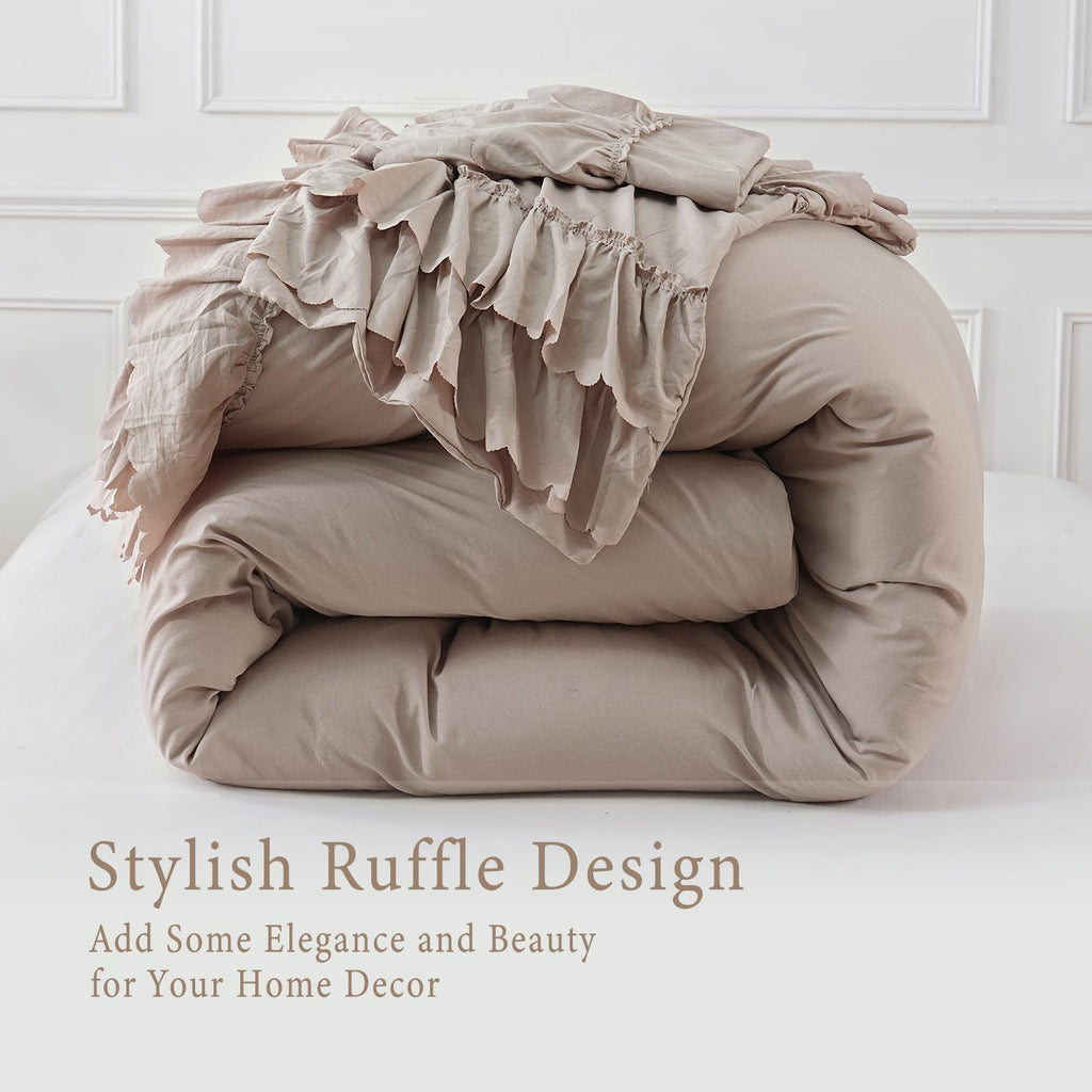 Taupe Boho Comforter King Size, Shabby Chic Ruffle Bedding Set, 2 Layers Ruffles Fluffy Vintage Comforter Home