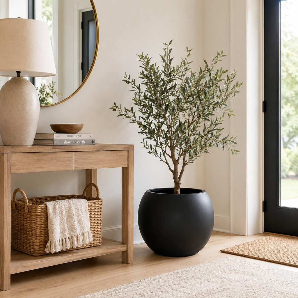 13.5 H x 17" Dia (12" Pot Opening) Black Round Fiberstone Planter with Drainage Hole, Indoor/Outdoor Large Plant Pot