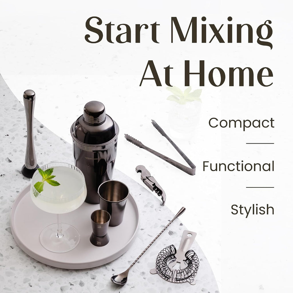 Pro-Graded Cocktail Shaker Set with Stand | Complete Bartender Kit | 24oz Martini Shaker, Jigger, Strainer, Bar - Set of 21