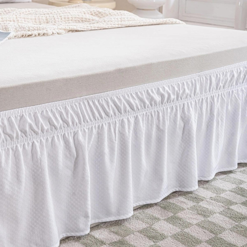 Wrap Around Bed Skirt - Queen Size Bed Skirt with 15 Inch Drop, White | Easy Fit Elastic Strap - Adjustable Pleated