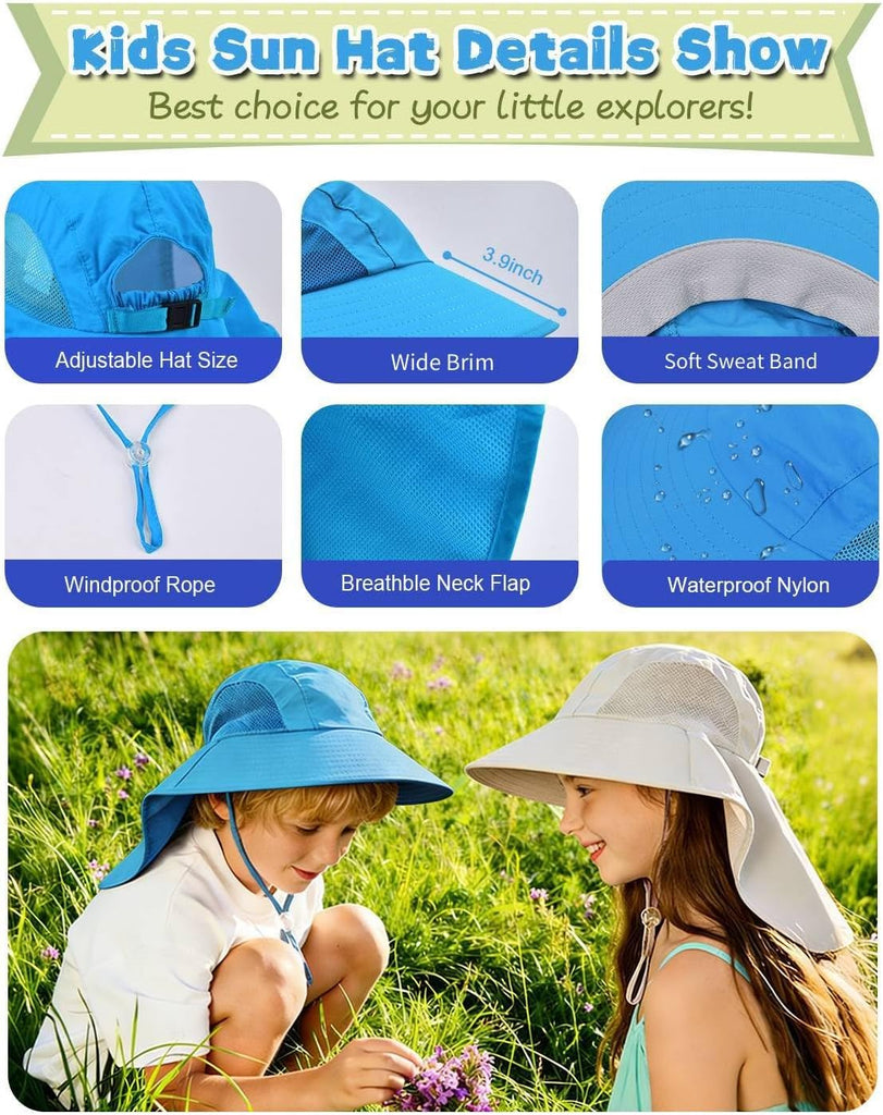 Kids Sun Hat with Neck Flap UV Protection Summer Toddler Beach Hat Unisex Ponytail Hat Wide Brim Fishing Hat
