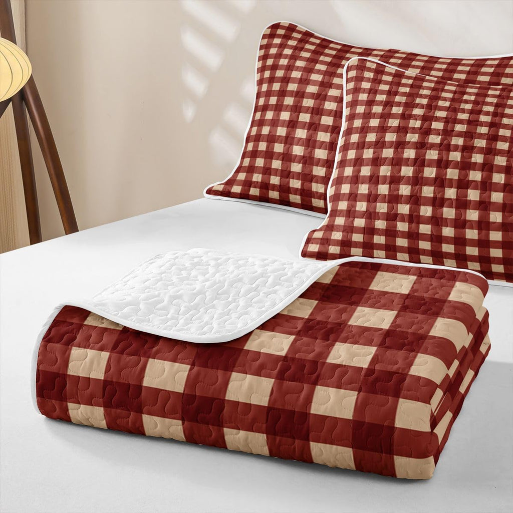 Square Gingham Quilted Bedspread Set, Retro Burgundy Red Beige Plaid Microfiber Lightweight, Neutral Farmhouse Check