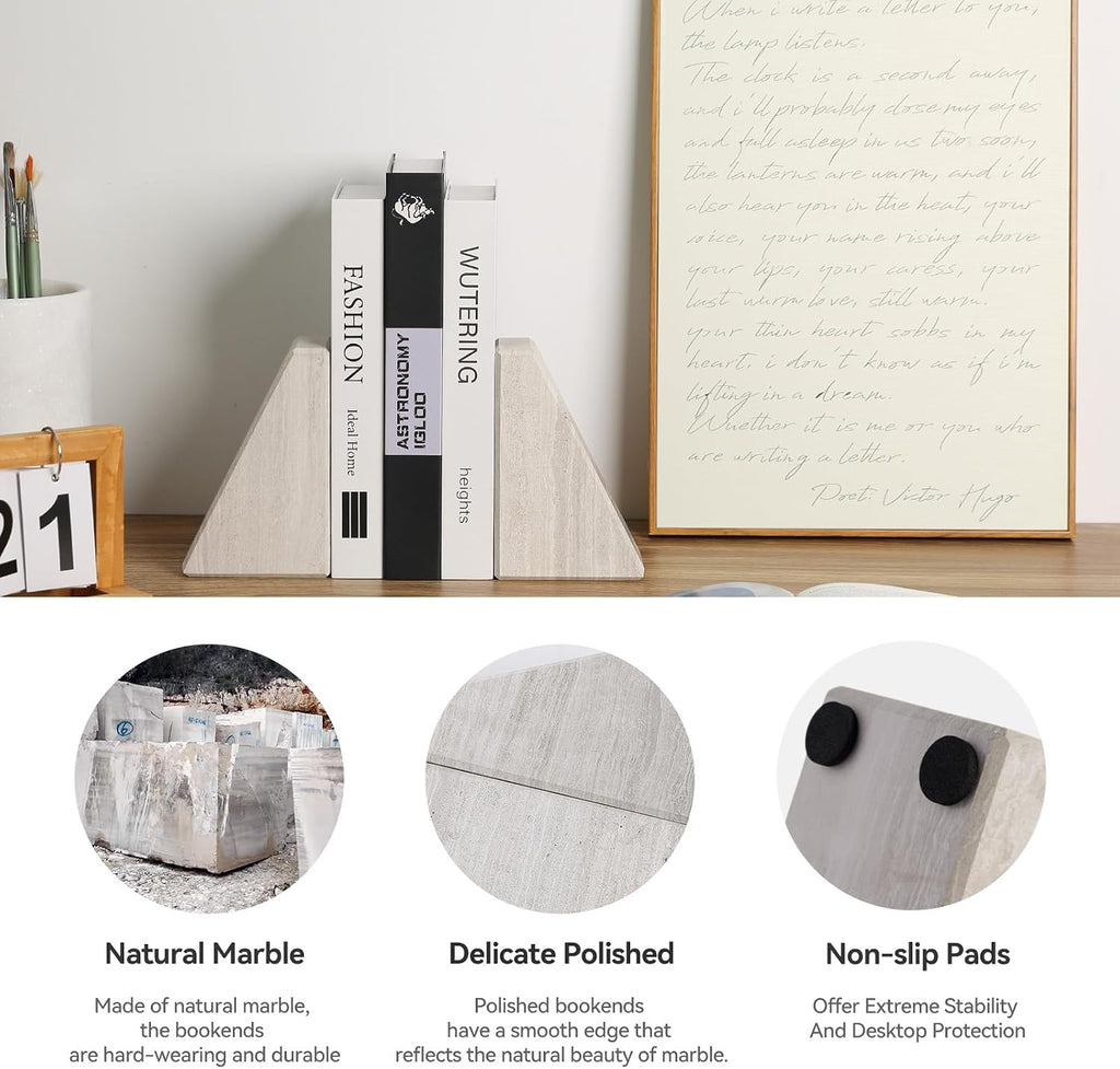 Marble Book Ends for Heavy Books, Decorative Bookends for Shelves, Durable and Heavy-Duty Bookends for Hardback Book