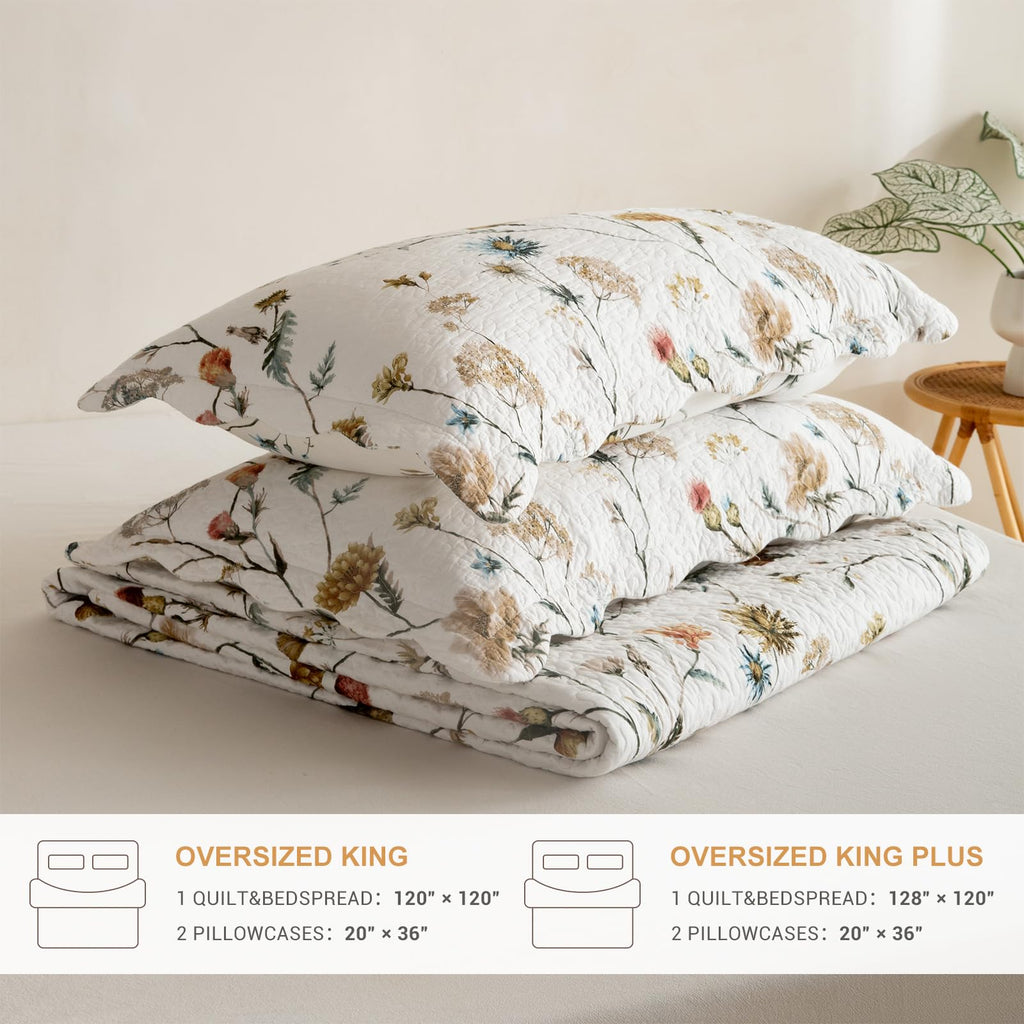 100% Cotton Floral Bedspread(120"x120"), Watercolor Wildflower Botanical Quilt Set 3Pcs Soft Neutral