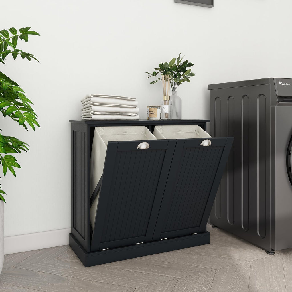 Tilt Out Laundry Hamper Cabinet with Removable Basket, Double Hidden Laundry Hamper Cabinet, Wood Bathroom Storage