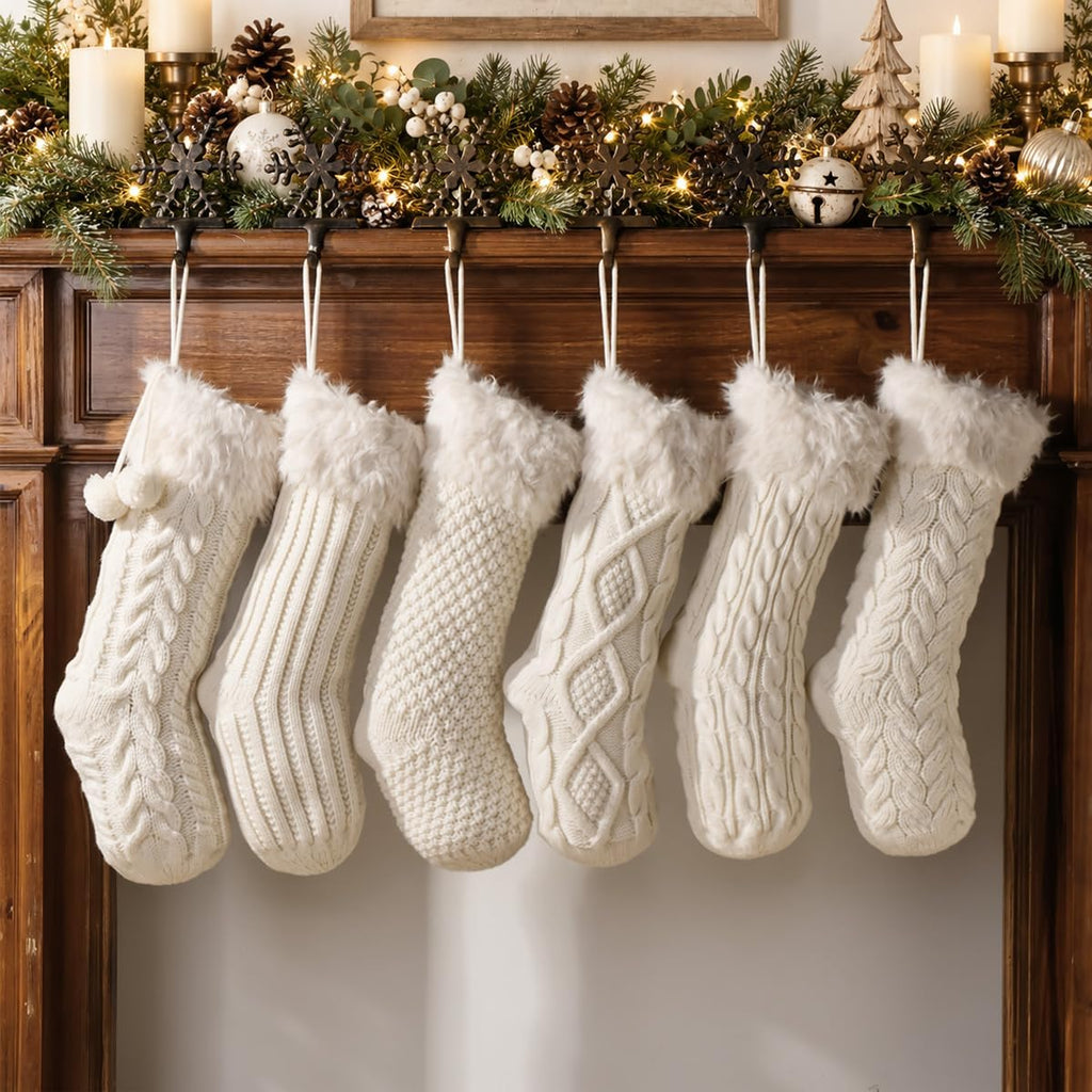 18 Inch Christmas Stockings, Set of 6 Cream White Assorted Cable Knitted Stockings with Faux Fur Cuff, Rustic