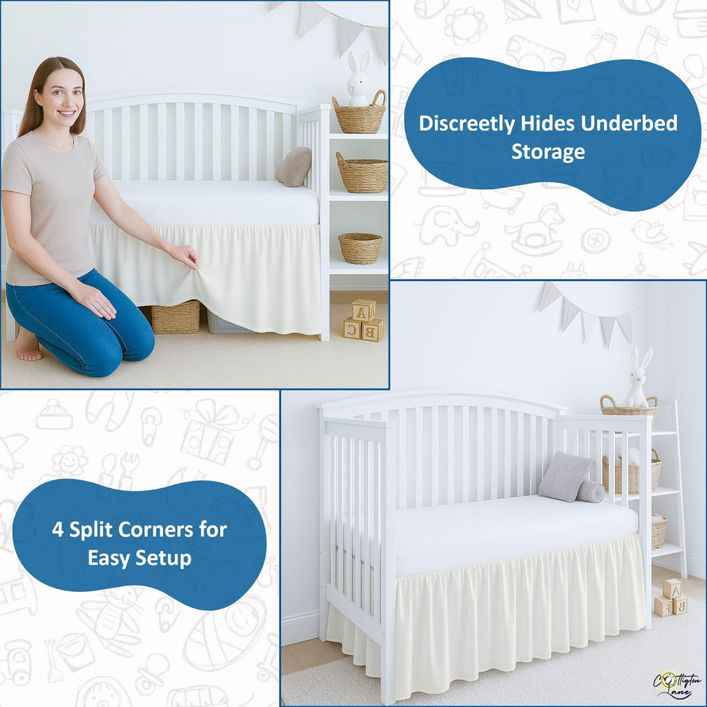Ivory Infrant Crib Bed Skirt Dust Ruffle with Split Corner, 100% Natural Cotton Nursery Crib Toddler Bedding Skirt