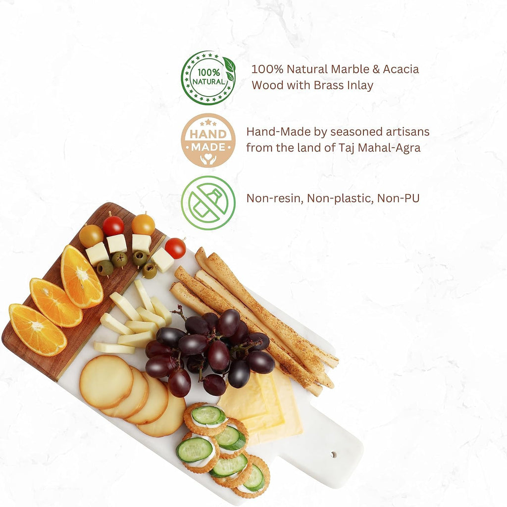 Cheese Board Natural Marble Acacia Wood and Brass Inlay 15 Inch Serving Tray for Cheese Platter Fruit Platter