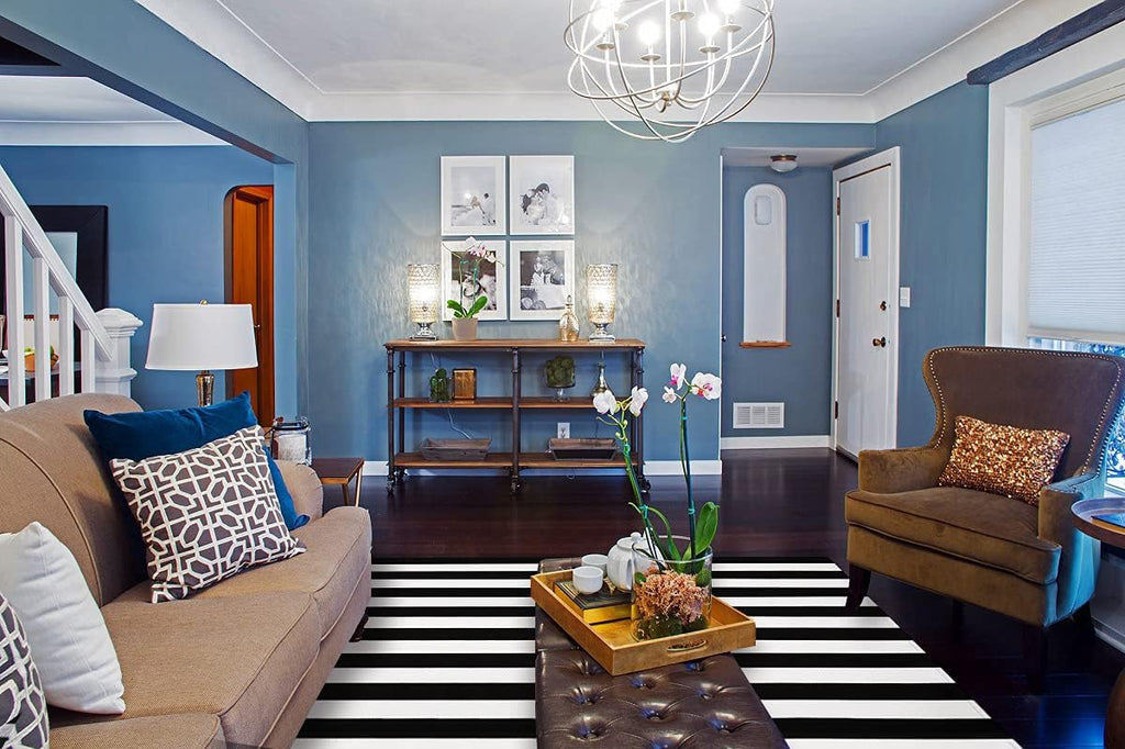 Cotton Black and White Striped Rug 8x10 Reversible Hand-Woven Washable Retro Lattice Striped Outdoor Rugs Black and