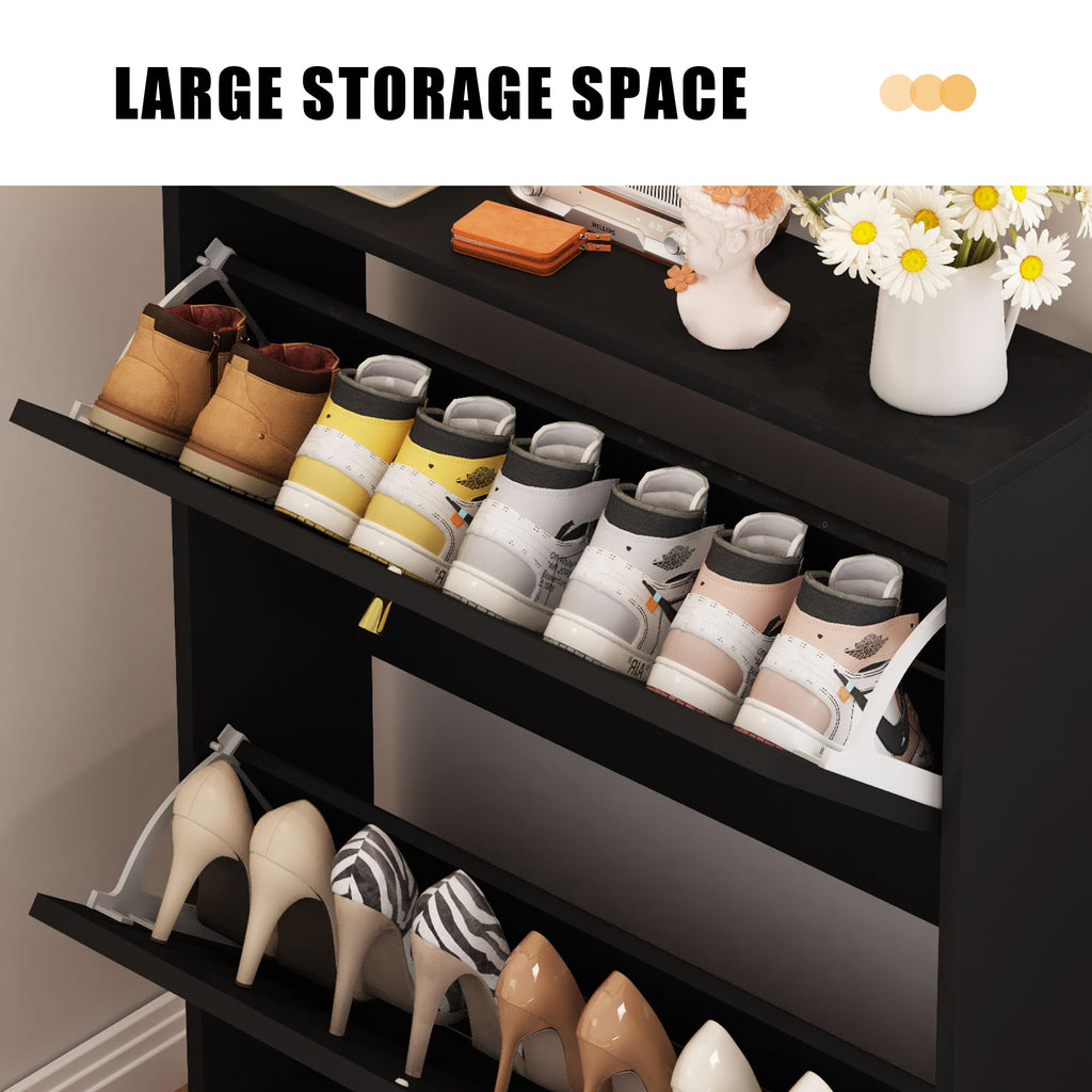 Black Narrow Shoe Cabinet, Hidden Slim Shoe Storage Cabinet, 25.6"x34.7" Flip Drawer Shoe Oraganizer Rack with Metal