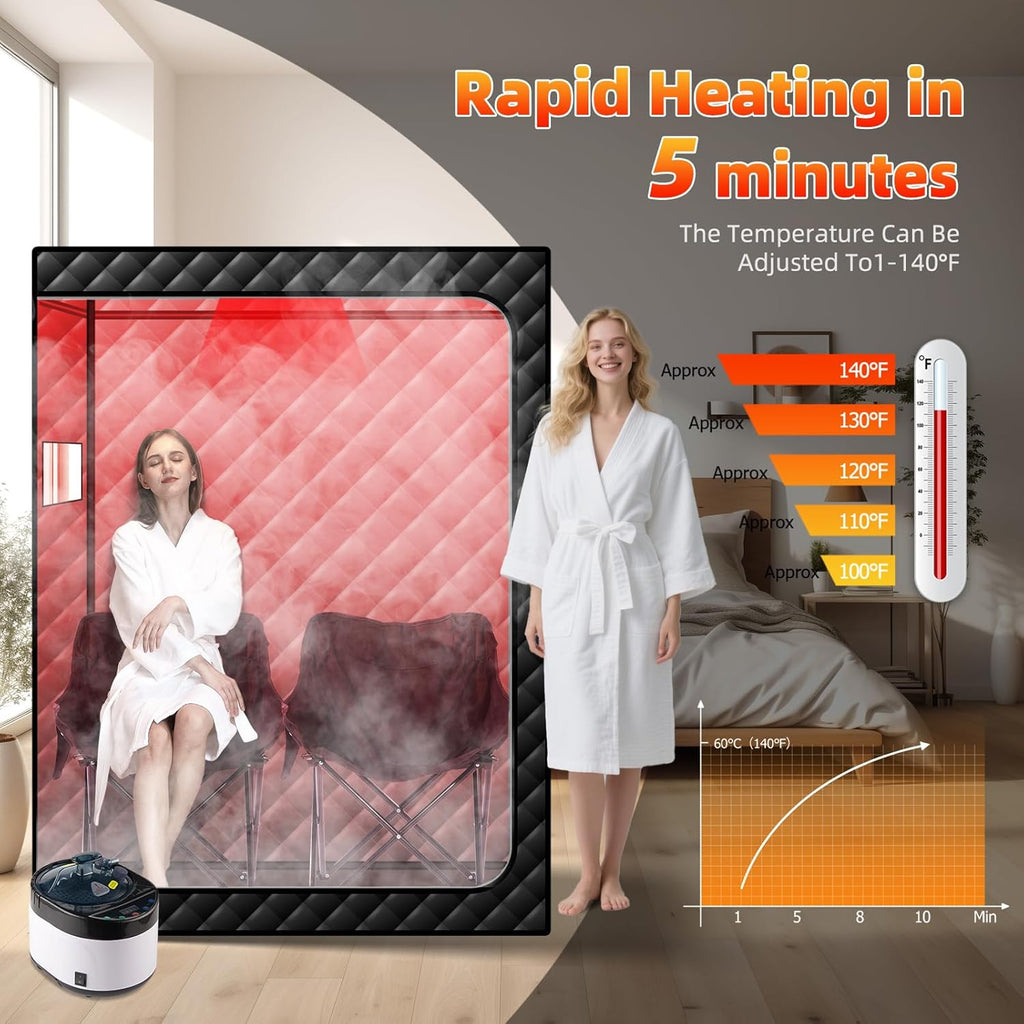Portable Steam Sauna with 660nm Red Light Therapy, 2 Person Red Light Sauna Spa for Home