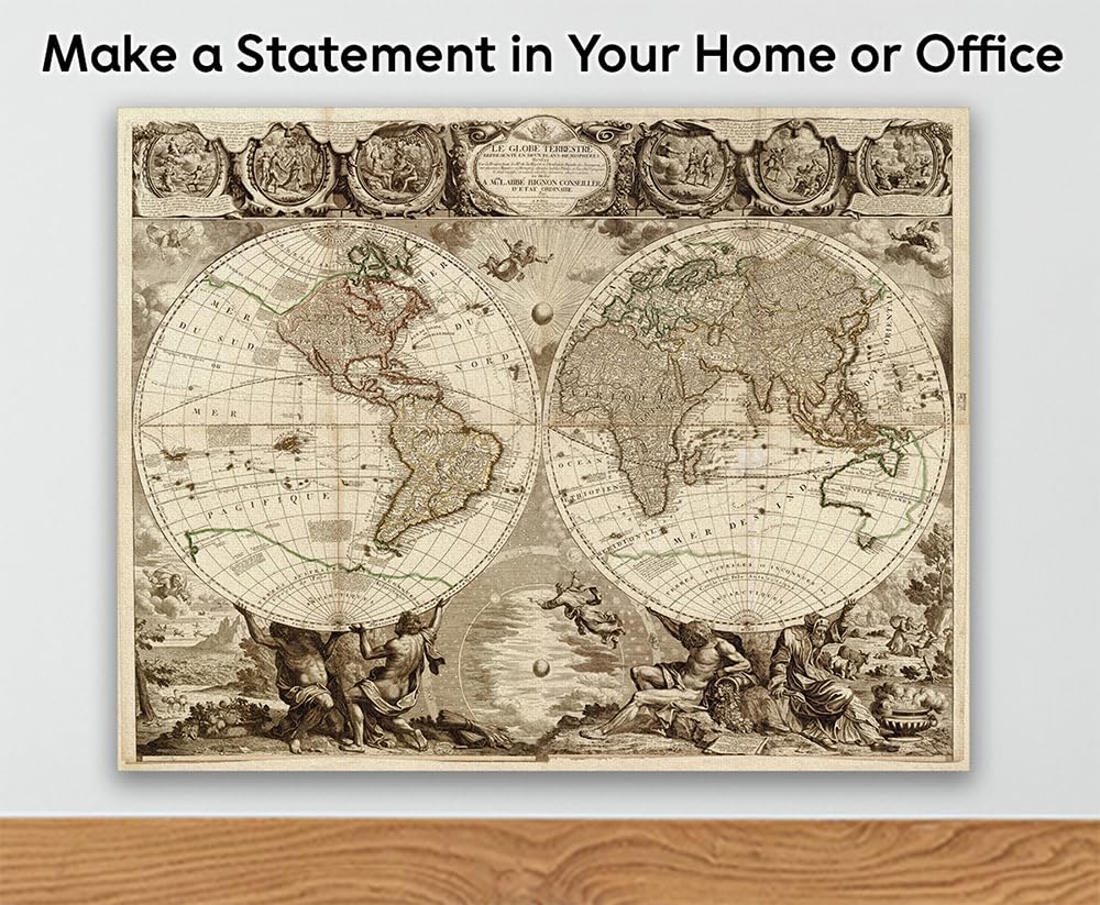 Le Globe Terrestre 28x36 Stretched Canvas Poster - Ready to Hang Vintage Double Hemisphere World Map Reproduction