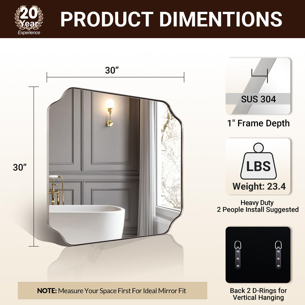 30"x30" Brushed Nickel Square Mirror, Silver Bathroom Mirror for Over Sink, Modern Scallop Mirror in Anti-Rust