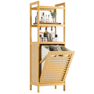 Tilt Out Laundry Hamper, Bamboo Laundry Basket with Foldable Bag and 3 Open Shelves, Freestanding Clothes Storage