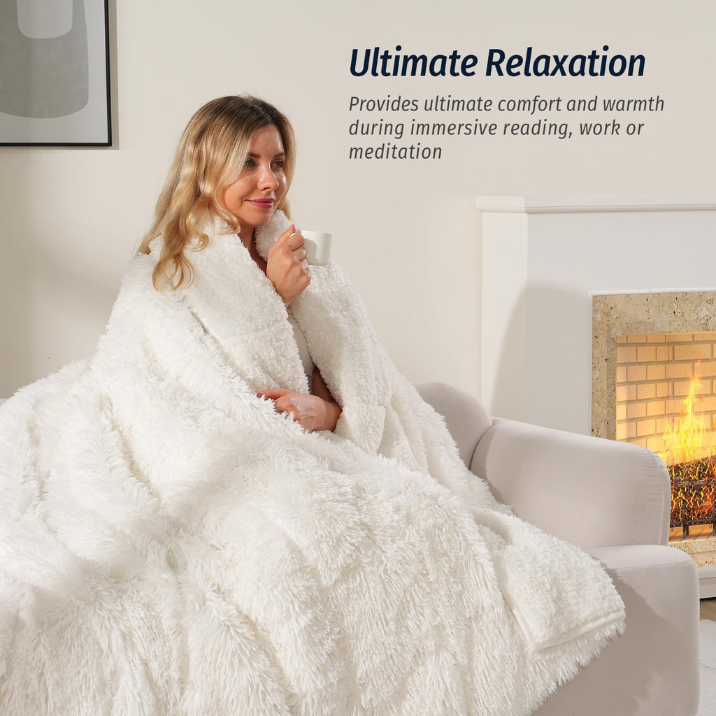 Shaggy Faux Fur Weighted Blanket for Adult 15lbs, Queen Size 60x80 | Fluffy Long Plush Fleece; Fuzzy Sherpa Reverse;