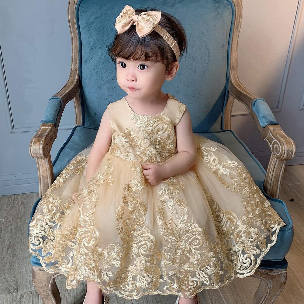 Big Bowknot Sequins Embroidered Lace Party Tutu Gown Toddler Baby Girls Dress with Headwear