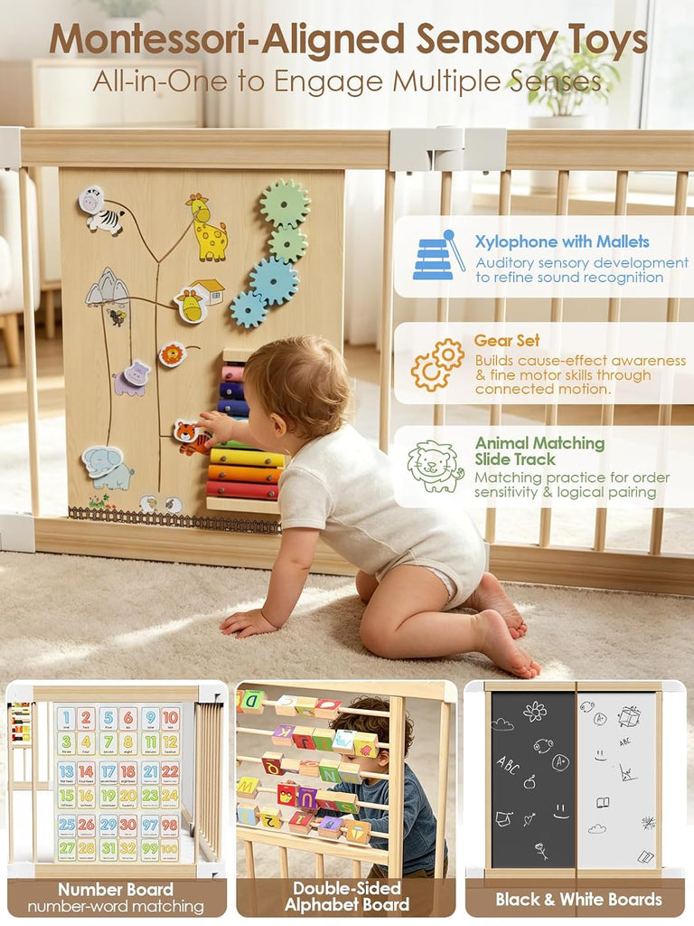 Large Wooden Baby Playpen with Locking Gate for Babies and Toddlers | Foldable Play Yard, Extra Large, Unique
