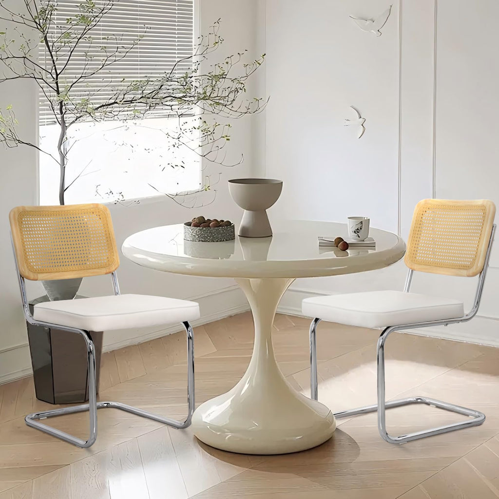 Dining Table and Dining Chair Set 23.6" White Round Table&2 Rattan Velvet Upholstered Silver Legs Chairs Dining Room