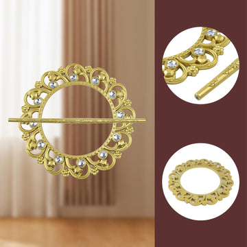 Gold Curtain Tiebacks, Round Drapery Holdbacks, 12 Crystals - 2 Pack