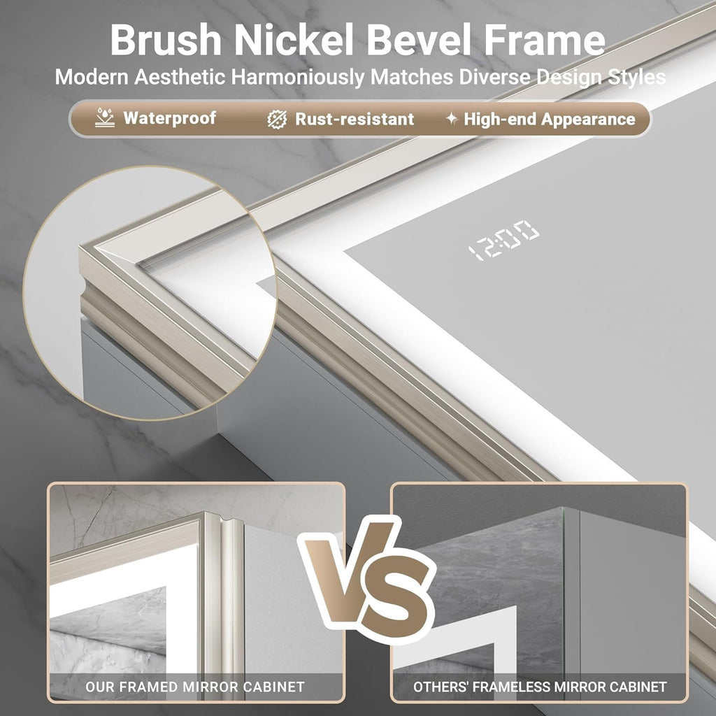 20x26 LED Medicine Mirror Cabinet, Beveled Brushed Nickel Frame