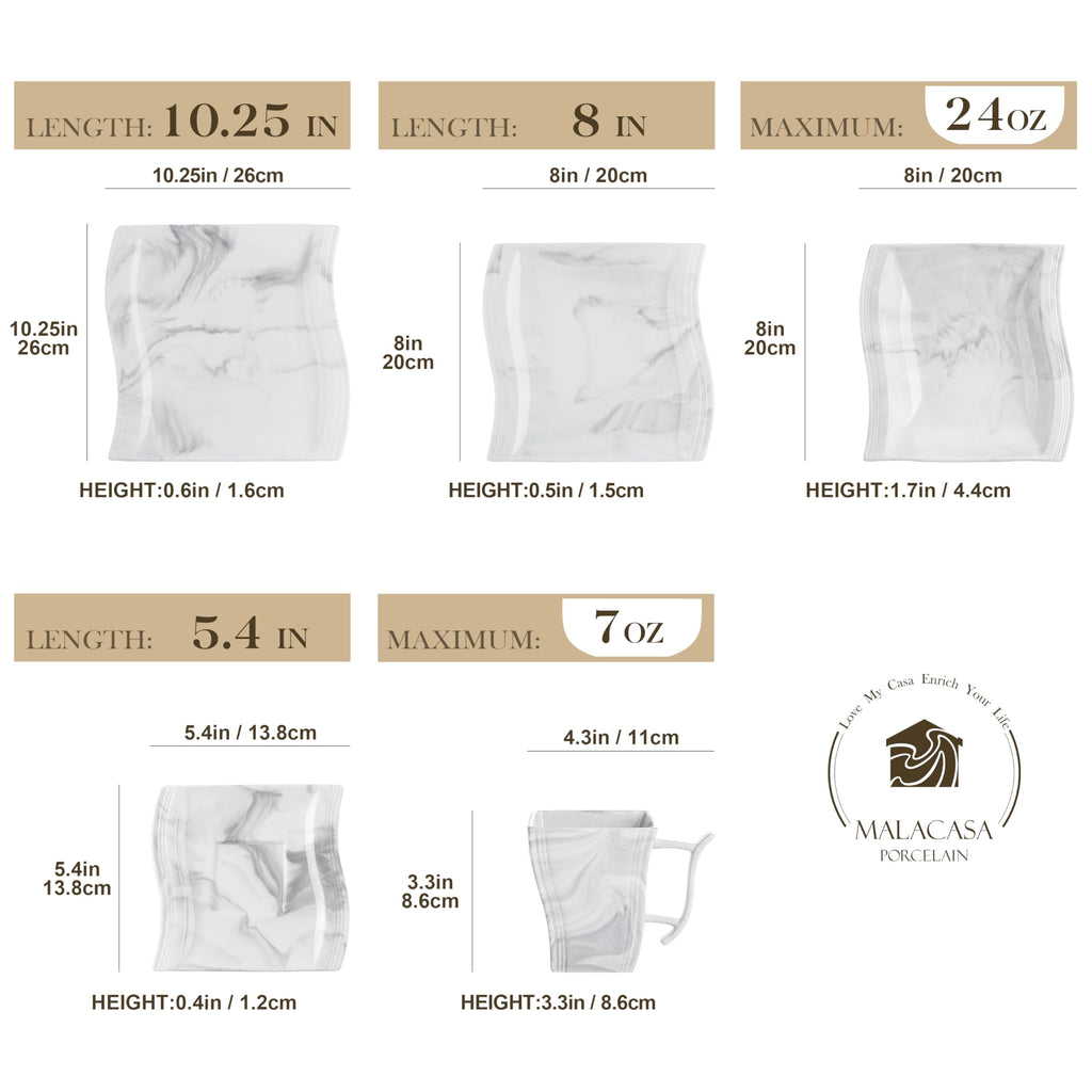 Plates and Bowls Sets, 30 Piece Porcelain Dinnerware Sets for 6, Square Dinnerware Set with Dinner Plate, Dessert