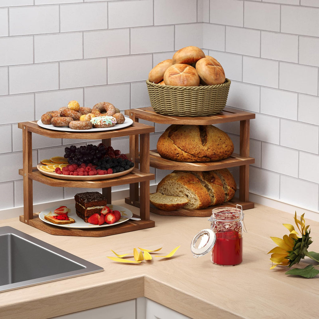 3 Tier Acacia Corner Shelf 2 Pack, Dish Drying Rack, Cabinet