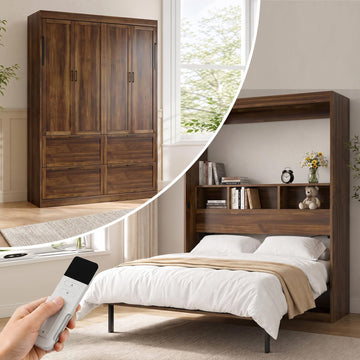 Electric Vertical Queen Murphy Bed with Storage Shelf-Brown