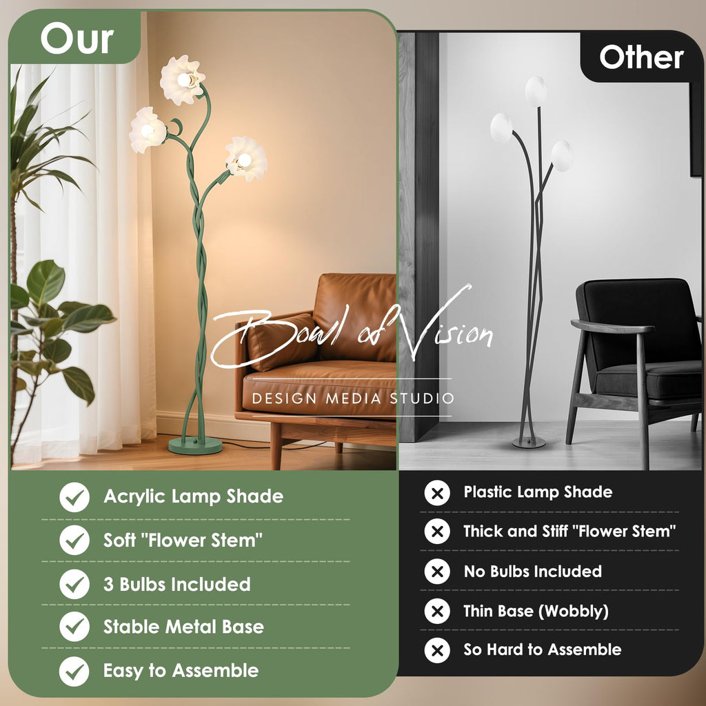 Floor Lamp, 3 Lights Green Flower Lamp, Modern Tall Standing Lamp with 3 Color Temperatures Flexible Gooseneck, Mid