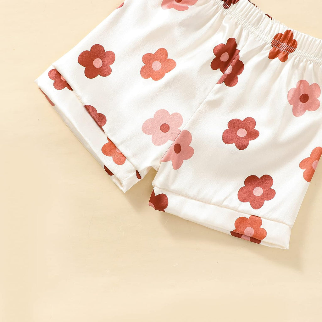Toddler Girls Floral Silk Pajamas Short Sleeve Button-Up Top Shorts Summer 2PC Flowers Satin Pajamas Set