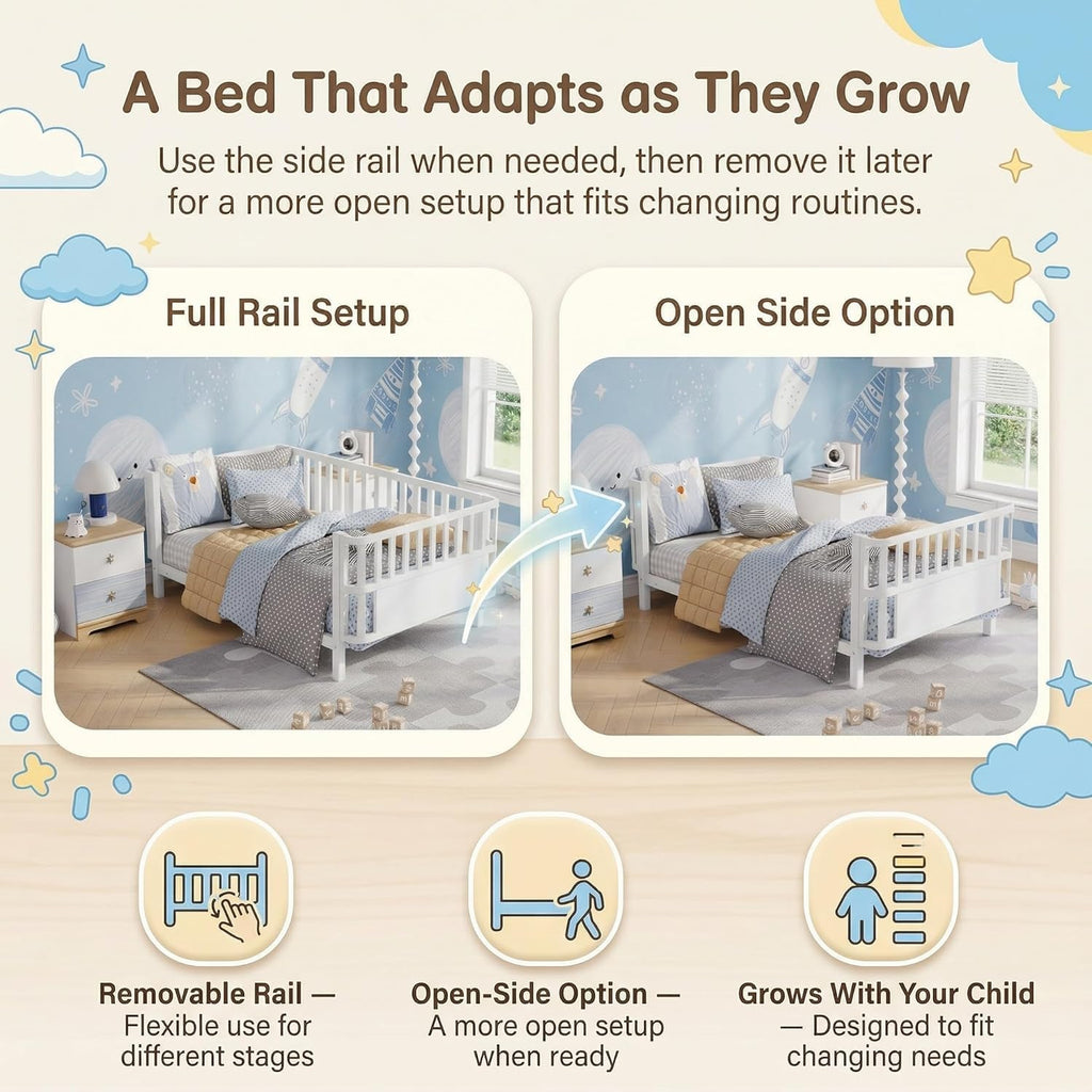 Kids Bed Frame with Rails, Low Profile Montessori-Style Metal Bed for Boys Girls Teens, Removable Side Rail, 3-Sided