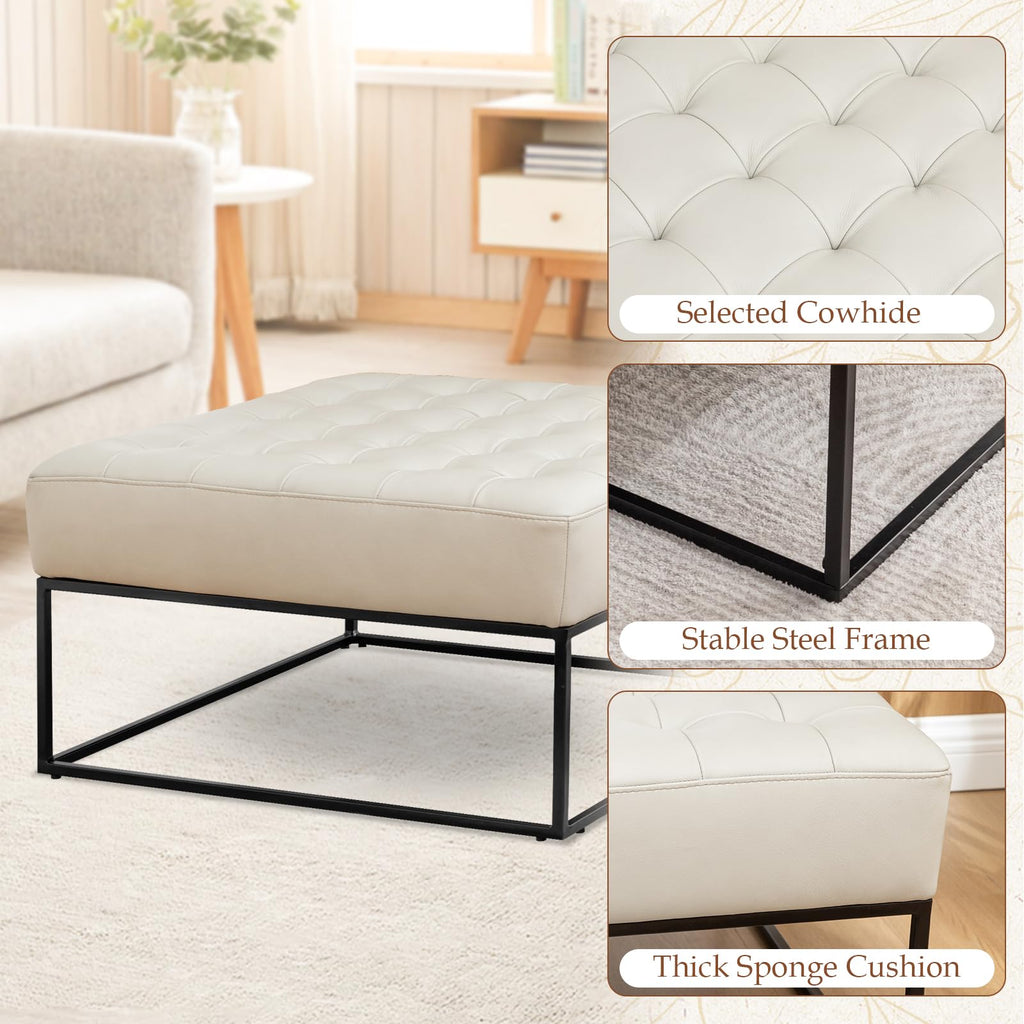 Modern Genuine Leather Square Coffee Table, 30'' Farmhouse Ottoman, Large Vintage Genuine Leather Coffee Tables with
