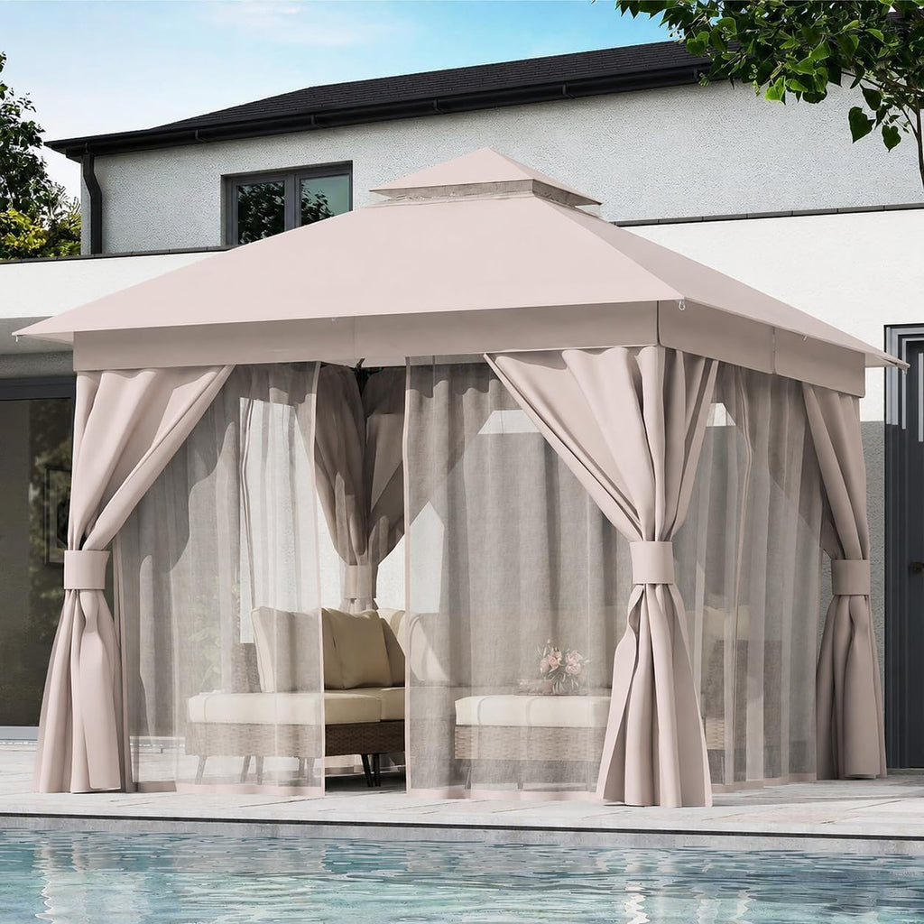 Gazebo 10x10ft, Heavy Duty Patio Gazebo with Expansion Bolts, Party Canopy Tent with Double Roofs