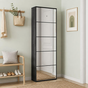 Mirror Shoe Cabinet with 5 Flip Drawers, Shoe Rack Storage Organizer, Entryway Shoe Cabinet for Front Door, Hallway