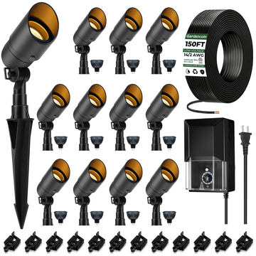 Complete Low Voltage Landscape Lighting Kit, 12-Pack 5W Spotlights with Smart Fastlock Connectors, 200W Transformer &