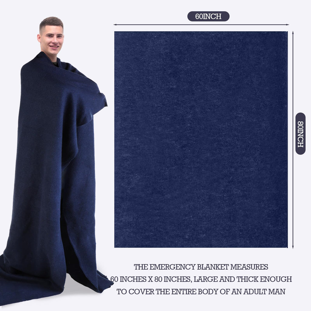 3 Pieces Wool Camping Blanket Fire Retardant Emergency, Navy