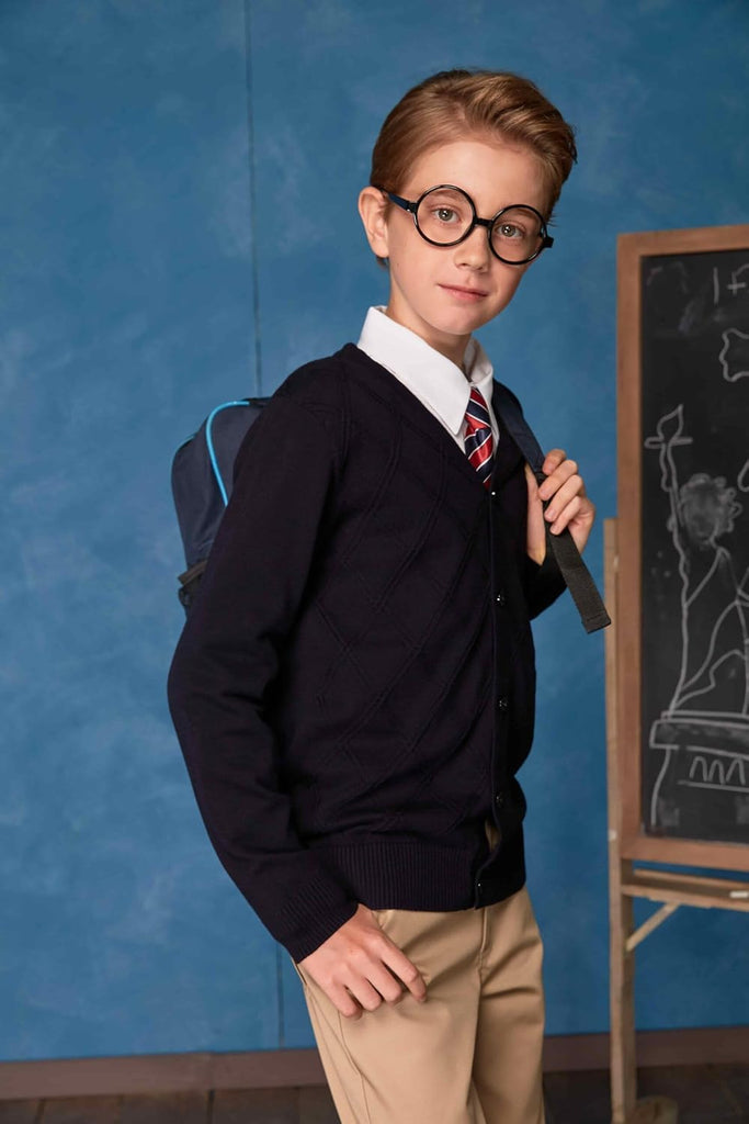 100% Cotton V-Neck School Uniform Diamond Knit Cardigan Sweater