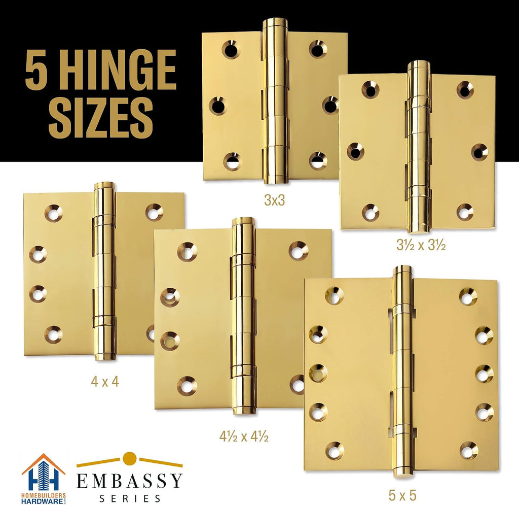 Door Hinge Solid Brass - 3.5 x 3.5 Inch, Heavy Duty, Polished Brass, Ball Bearings