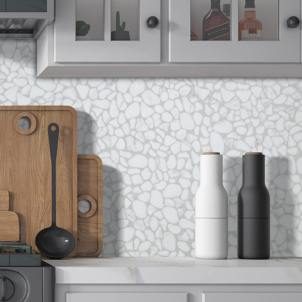 Pebble Tile for Shower Floor Border Kitchen Bathroom Backsplash, Carrara White Recycled Glass Marble Stone
