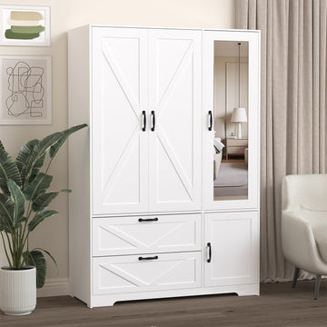 Armoire Wardrobe Closet with Drawers and Mirror, 72" Bedroom Wardrobe Cabinet with Motion Sensor Light, Hanging Rod &