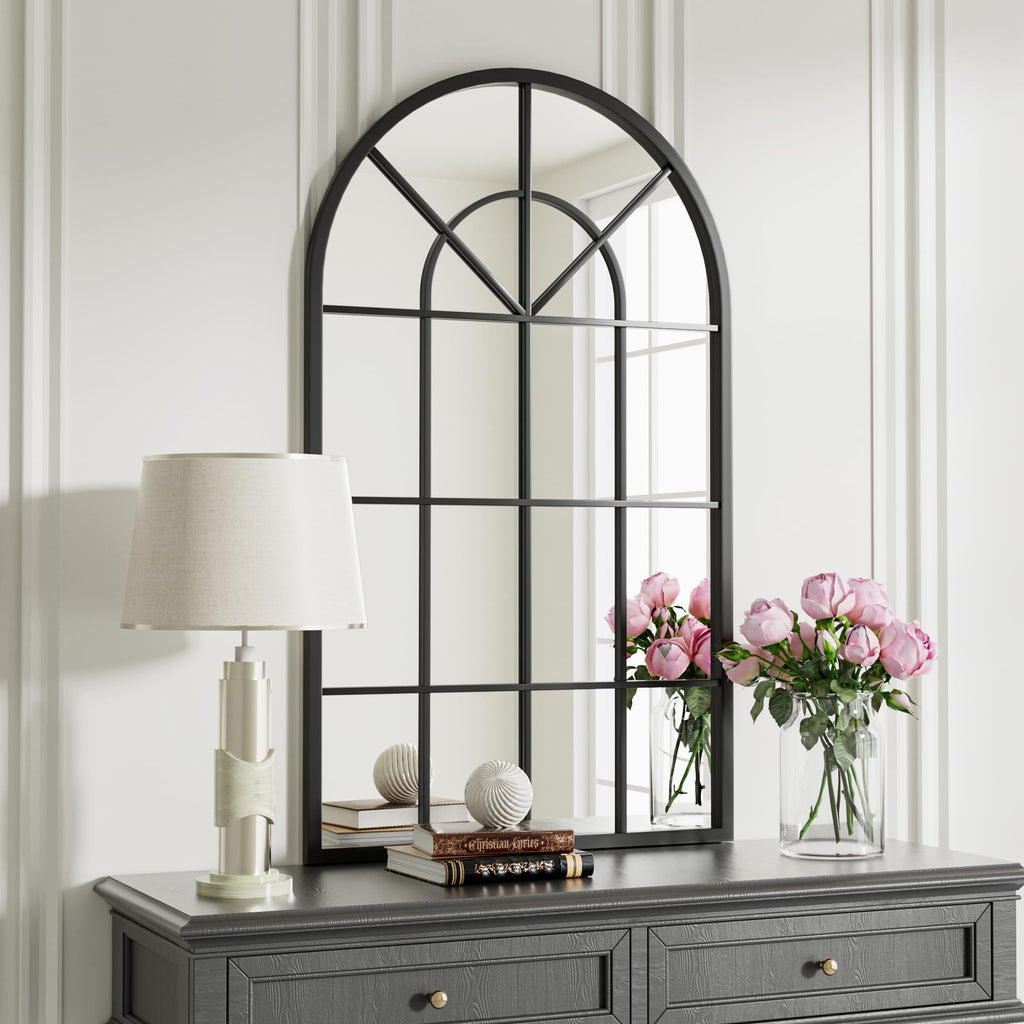 Arched Window Wall Mirror, 42"x24" Windowpane Mirror, Black