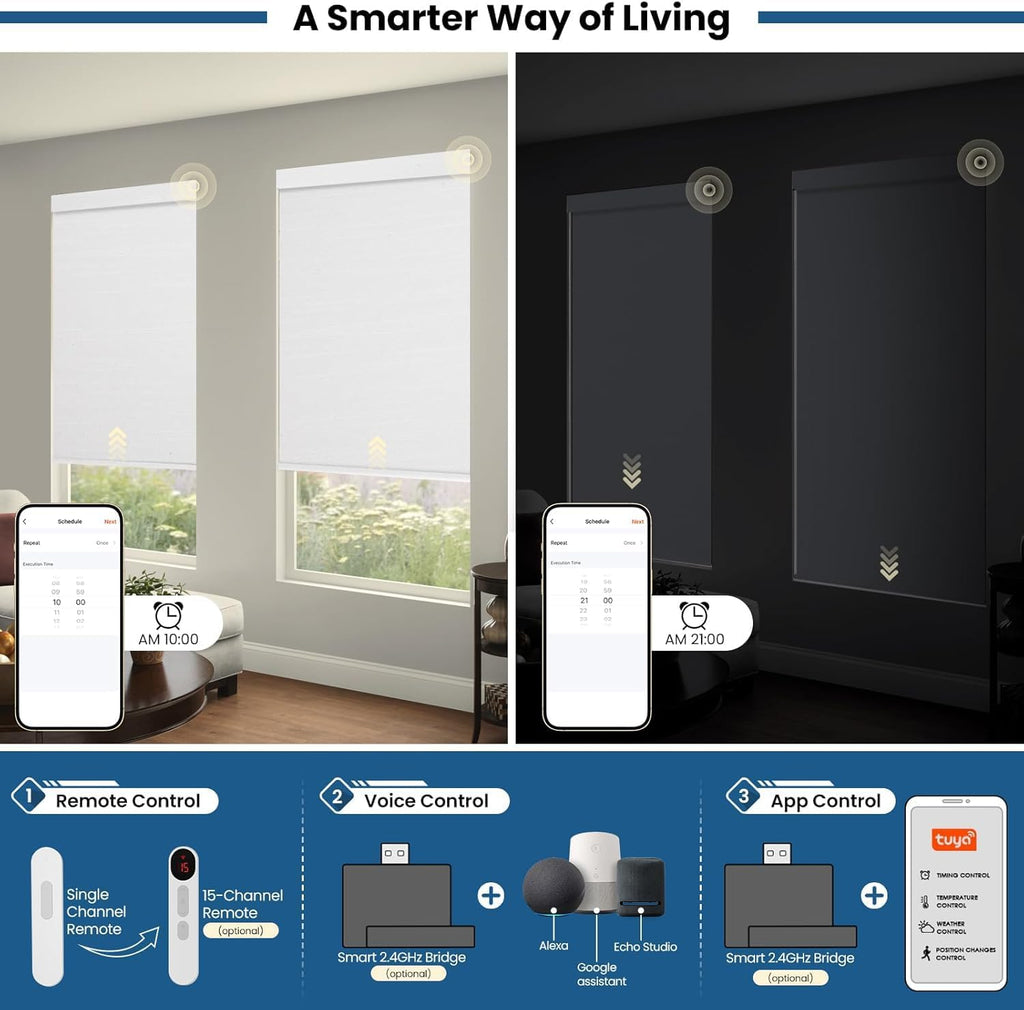 No Drill Motorized Blinds with Remote, Automatic Roller Shades | Easy Install, Rechargeable Blackout Smart Blinds &