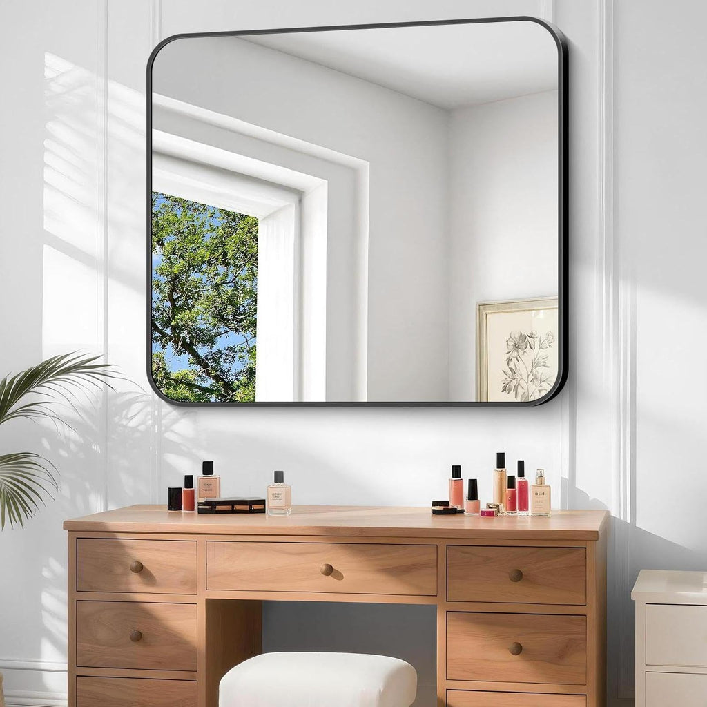 Bathroom Mirror, 48 x 40 inch Black Rectangle Wall Mirror, Metal Frame Rectangular Vanity Mirror, Rounded Corner Wall