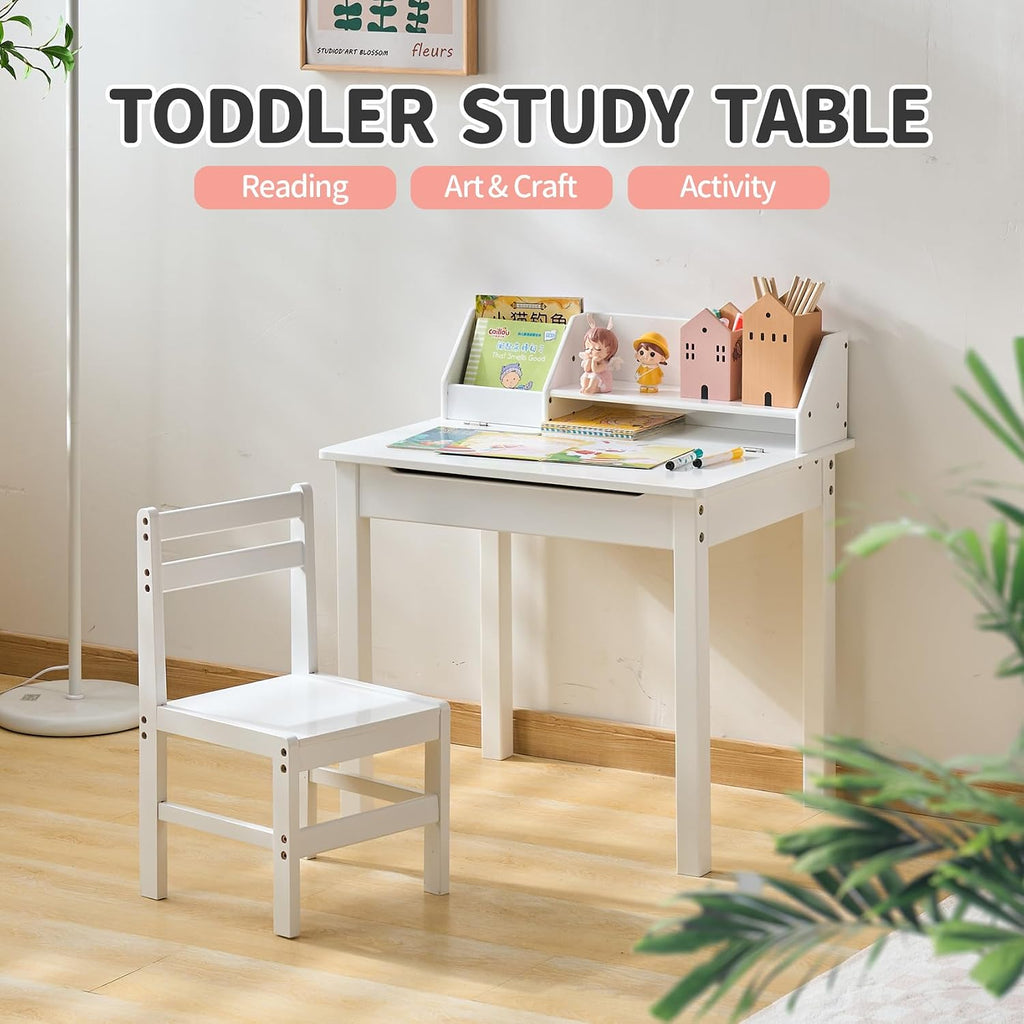 Bamboo Toddler Desk and Chair Set with Lift-Top Storage, Kids Study Table with Hutch and Bookshelf, Writing Reading