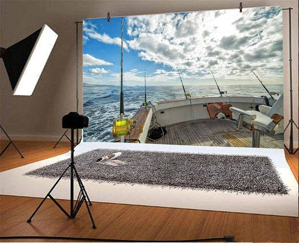 10x8ft Sea Landscape Backdrop Fishing Boat Fishing Poles Blue Sky White Cloud Photography Background Anglers Vacation